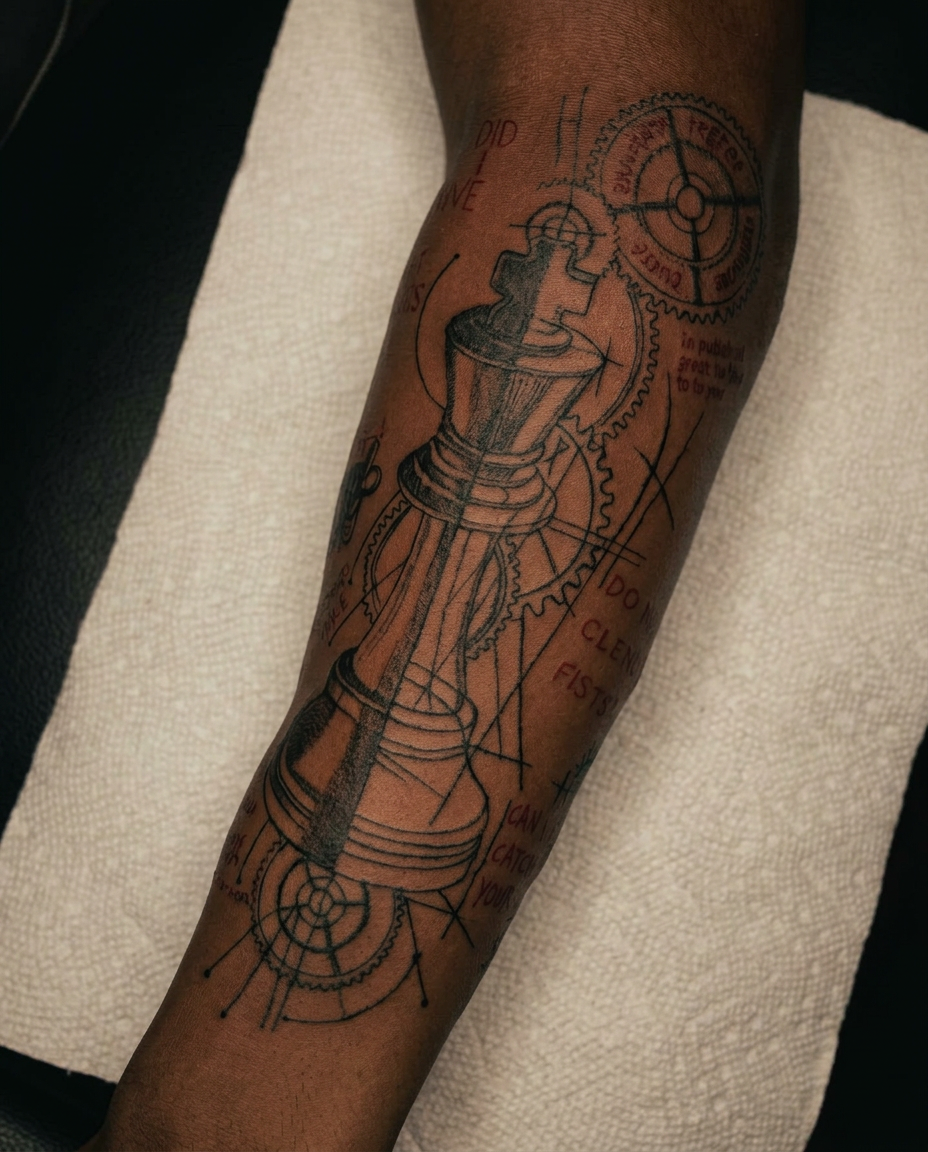 Fine line tattoo — chess king with blueprint lines, gears and red lettering on an inner forearm
